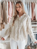 Dámské oversize tričko s prodlouženým zadním dílem SAMONE v béžové barvě s bílými pruhy FashionStreet DY0463 Dámské oversize tričko s prodlouženým zadním dílem SAMONE v béžové barvě s bílými pruhy FashionStreet DY0463