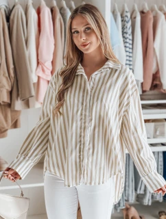 Dámské oversize tričko s prodlouženým zadním dílem SAMONE v béžové barvě s bílými pruhy FashionStreet DY0463