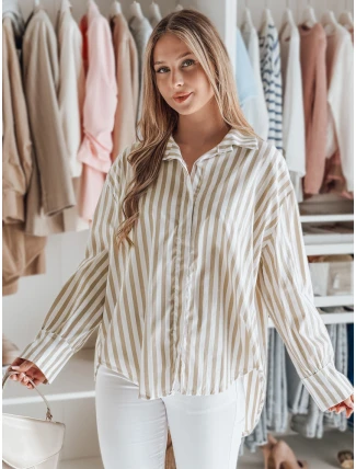 Dámské oversize tričko s prodlouženým zadním dílem SAMONE v béžové barvě s bílými pruhy FashionStreet DY0463 Dámské oversize tričko s prodlouženým zadním dílem SAMONE v béžové barvě s bílými pruhy FashionStreet DY0463