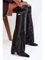 Dámské zateplené kozačky nad kolena s vyhrnutou holení a sloupkovým podpatkem Serelle – černé, eko semiš