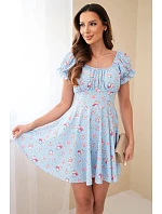 Dámské květinové šaty s nabíraným rukávem a elastickým pasem modrá