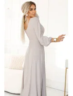 572-3 NELA třpytivé dlouhé šaty s výstřihem, dlouhými rukávy a rozparkem na nohou - BEACH