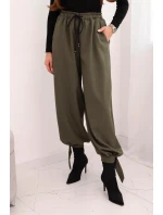 Dámské kalhoty s širokým nohavicí a vázáním dole khaki