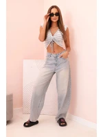 Dámská pruhovaná blůza s nařasením a volánky šedá