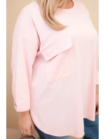 Dámská blůza Plus Size s bavlnou, kapsou a ohrnutým rukávem pudrově růžová Dámská blůza Plus Size s bavlnou, kapsou a ohrnutým rukávem pudrově růžová