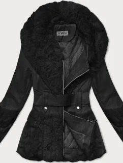 Černá dámská bunda z eko kůže s kožešinovým límcem Way Mode (OMS-15WD-01)