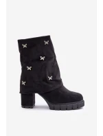 Zdobené boty s ohrnutým svrškem na podpatku černé Esadora