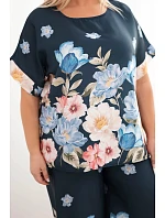 Dámský komplet Plus Size s halenkou a kalhotami s květinovým vzorem a širokými nohavicemi granátový