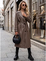 Dlouhý dámský dvouřadý kabát s páskem v barvě taupe, FashionStreet NY0779