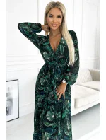 511-1 Plisované šifonové dlouhé šaty s výstřihem, dlouhými rukávy a páskem - GREEN LEAVES