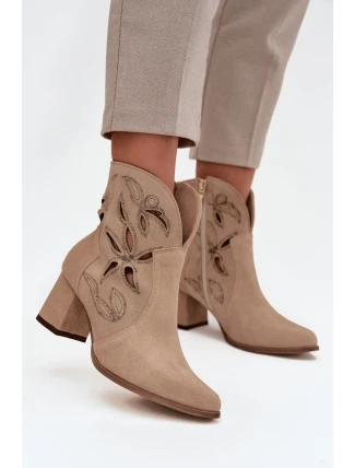 Semišové perforované dámské kotníkové boty na podpatek Zazoo 3647 béžové