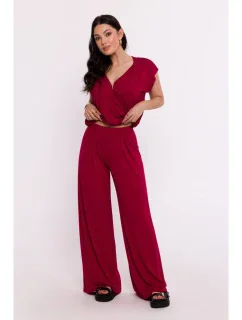 B289 Viskózové kalhoty s elastickým pasem - bordó
