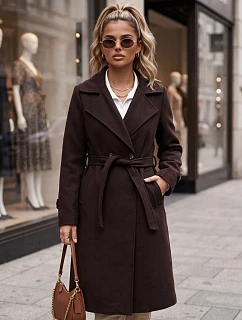 Dlouhý dámský dvouřadý kabát s páskem, čokoládově hnědý, FashionStreet NY0804