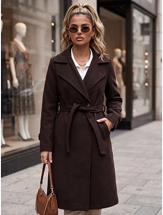 Dlouhý dámský dvouřadý kabát s páskem, čokoládově hnědý, FashionStreet NY0804 Dlouhý dámský dvouřadý kabát s páskem, čokoládově hnědý, FashionStreet NY0804