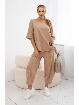 Bavlněný komplet halenka + kalhoty Velbloud