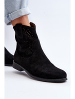 S.Barski dámské prolamované kotníkové boty na plochém podpatku, černé
