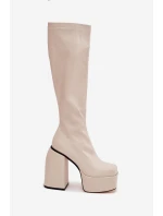 Dámské kozačky na sloupku a platformě Yavira – světle béžové Dámské kozačky na sloupku a platformě Yavira – světle béžové