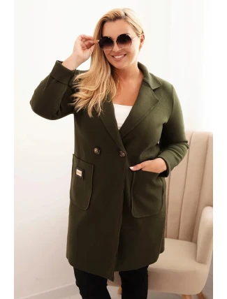 Dámský elegantní plášť Plus Size s límcem a velkými kapsami khaki