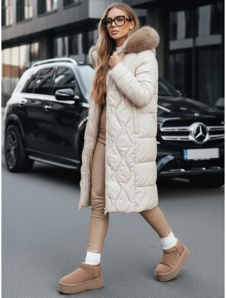 Dámská prošívaná zimní bunda s kožešinou ecru FashionStreet TY5510