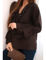 Dámská blůza z viskózy s volány a dlouhým rukávem hnědá