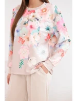 Dámský viskózový komplet s máslovou úpravou v květinovém vzoru se širokými nohavicemi béžový