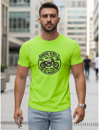 Pánské bavlněné tričko s potiskem motorky limetkově zelené FashionStreet NX5007R