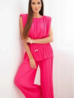 Dámský viskózový plisovaný komplet s vázací halenkou a širokými kalhotami růžový