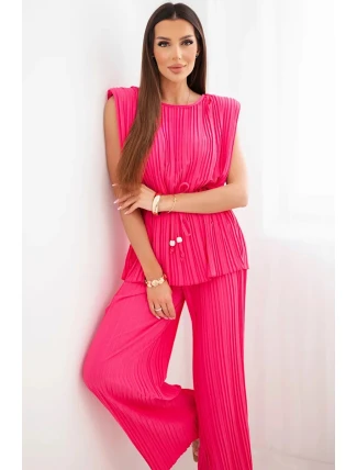 Dámský viskózový plisovaný komplet s vázací halenkou a širokými kalhotami růžový