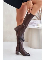 Zateplené kozačky na podpatku z eko kůže do poloviny lýtek hnědé Ellithira