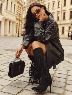 Dámské kozačky na jehlovém podpatku s třásněmi černé Isalune