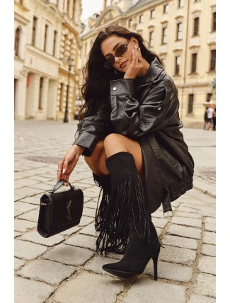 Dámské kozačky na jehlovém podpatku s třásněmi černé Isalune