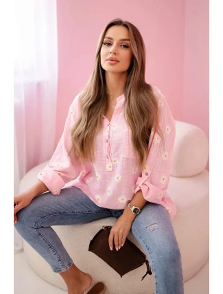 Lněná dámská halenka s květinovým vzorem, dlouhými rukávy a knoflíky Cukrová růžová