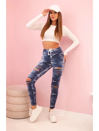 Dámské legíny z bavlny s džínovými roztrženinami modré