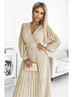 414-8 KLARA plisované šaty s páskem a výstřihem - BEACH