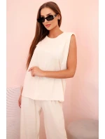 Dámský komplet z viskózy bez rukávů a rovnými kalhotami světlý béžový