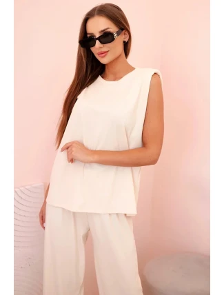 Dámský komplet z viskózy bez rukávů a rovnými kalhotami světlý béžový