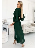 414-1 KLARA plisované šaty s páskem a výstřihem - BOTTLE GREEN