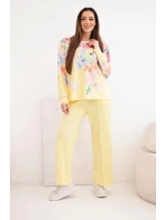 Dámský máslový viskózový komplet s květinovým vzorem se širokými nohavicemi žlutý