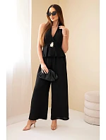 Dámský viskózový komplet s vázaným topem a kalhotami se širokou nohavicí černý
