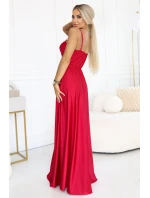 646-3 Dlouhé společenské šaty bez ramínek s rozparkem na nohou - červené