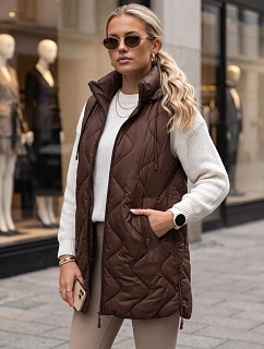 Dlouhá dámská prošívaná vesta s kapucí, hnědá, FashionStreet TY6013