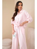 Dámský bavlněný komplet s košilí na zavazování a širokými nohavicemi pudrově růžová