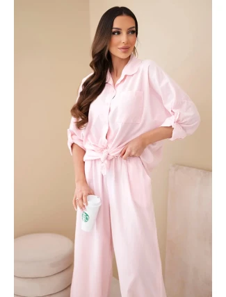 Dámský bavlněný komplet s košilí na zavazování a širokými nohavicemi pudrově růžová
