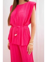 Dámský viskózový plisovaný komplet s vázací halenkou a širokými kalhotami růžový