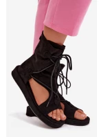 Dámské Sandály Eko Semišové S Vysokým Nártem a Zavazováním Černé Ferlisse