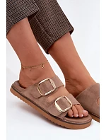 Dámské nazouváky z imitace semiše se zlatými přezkami Khaki Averia