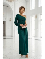 658-2 Třpytivé maxi šaty na jedno rameno s asymetrickými rukávy a rozparkem - lahvově zelené