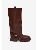 Zateplené kozačky s ohrnutým svrškem a přezkou čokoládové Fiorae
