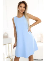 296-12 VICTORIA Trapézové šaty bez rukávů s páskem - MODRÉ