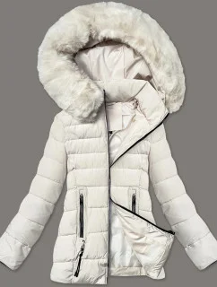 Dámská prošívaná bunda v barvě ecru pro přechodné období s kožešinou u kapuce S'west (B8301-26)